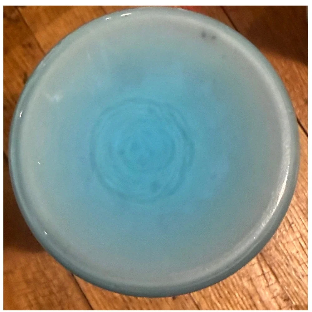 Vintage Blue Opalescent Milk Glass Ribbed Melon Vase Ruffled Rim 8.5 Inch MCM